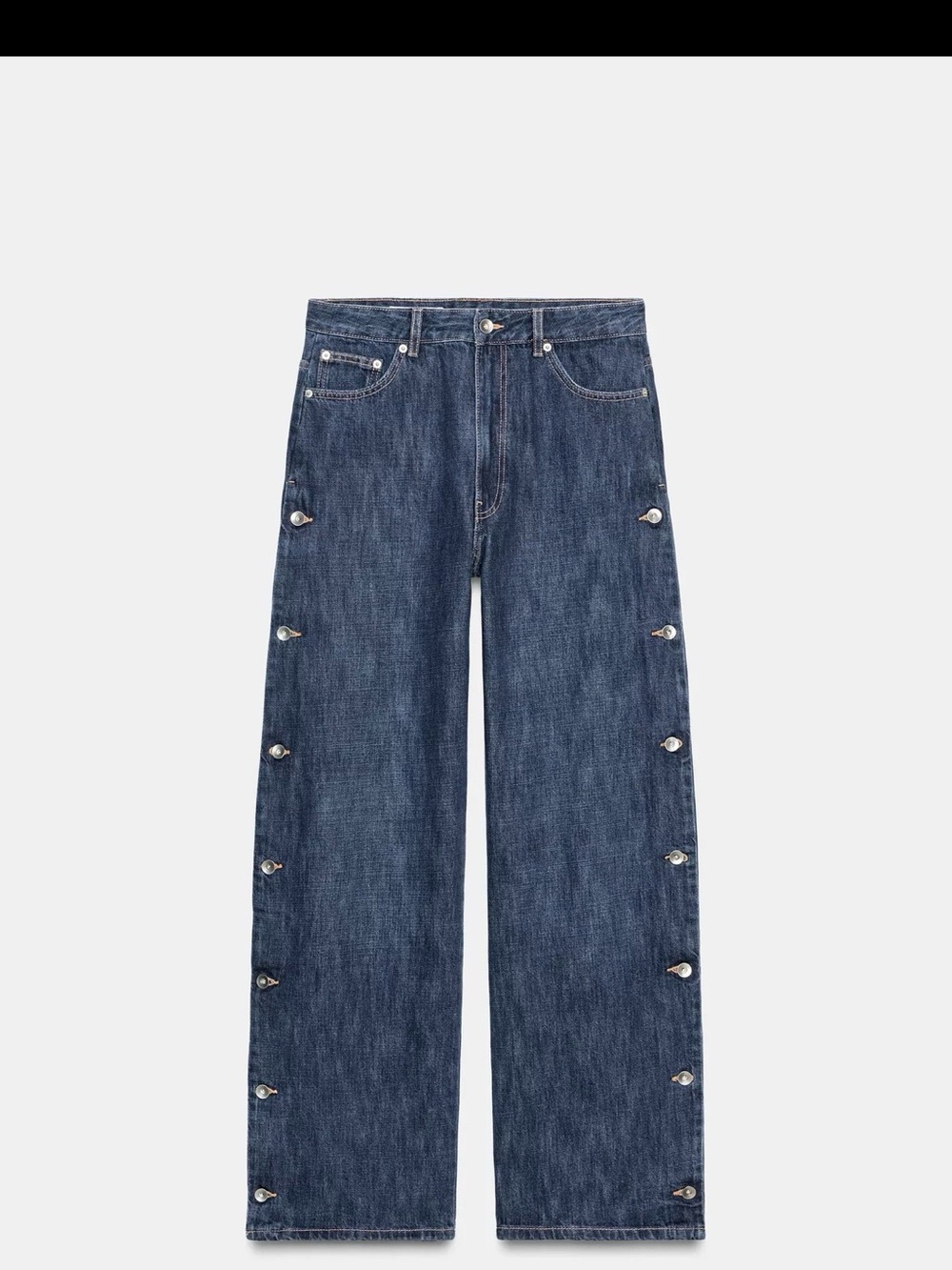 Wide-Leg Dark Blue Button-Trim Jeans - Women's